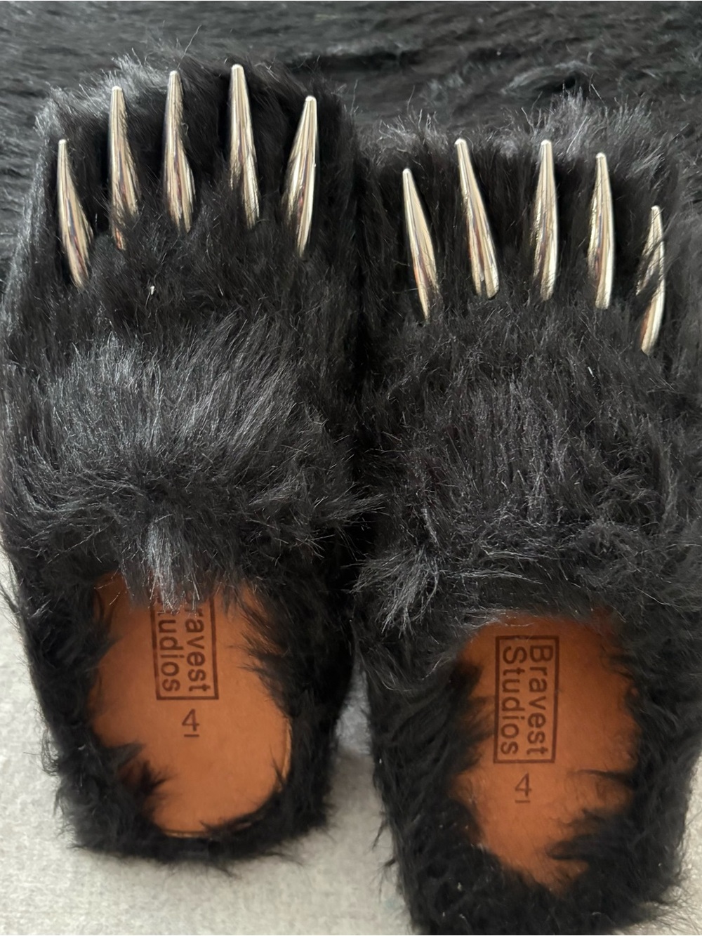 Bravest Studios Black Furry Kids Slippers with Silver Claws